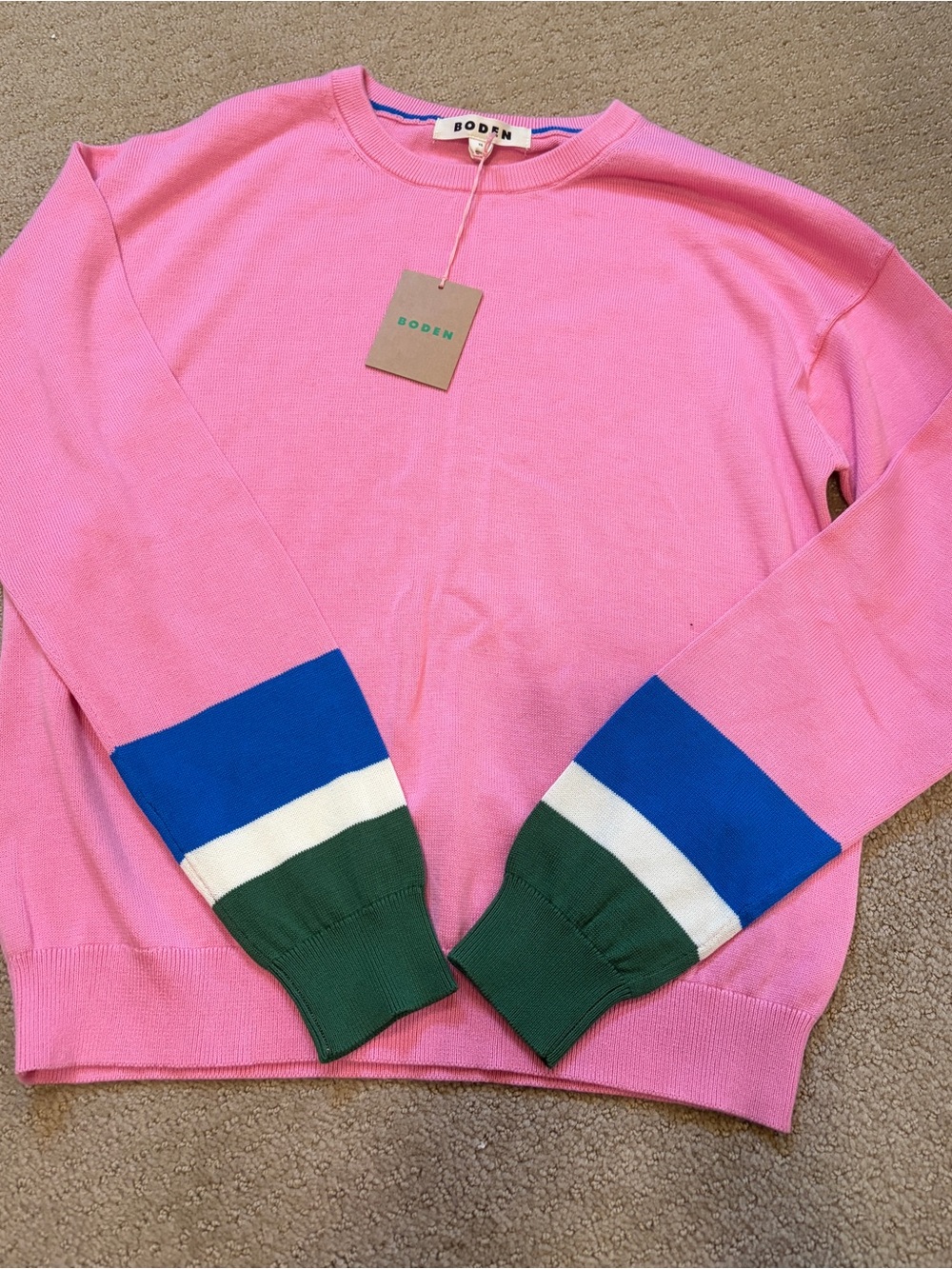 Boden Pink Crewneck Sweater with Blue White and Green Stripe Cuffs